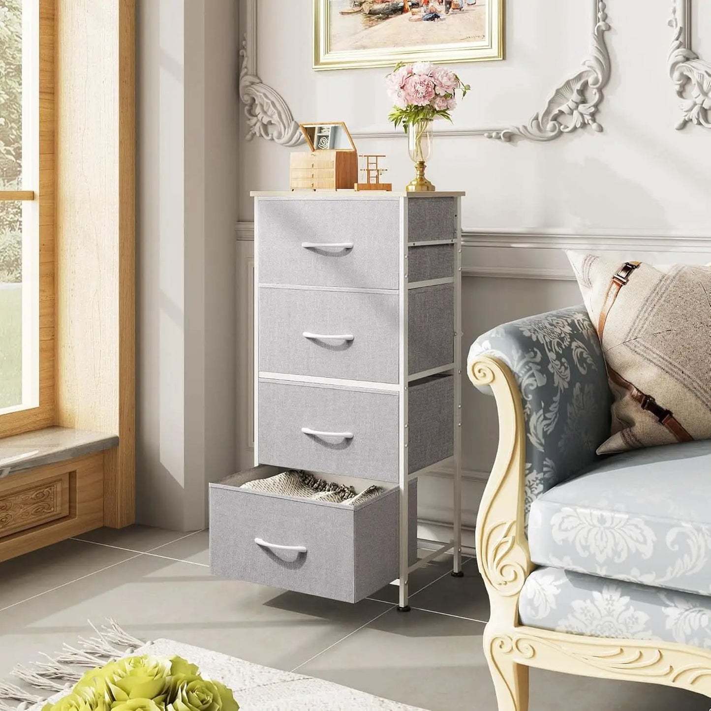 Light Grey Fabric 4 Drawer Dresser With Wood Top Storage from PriceLows™