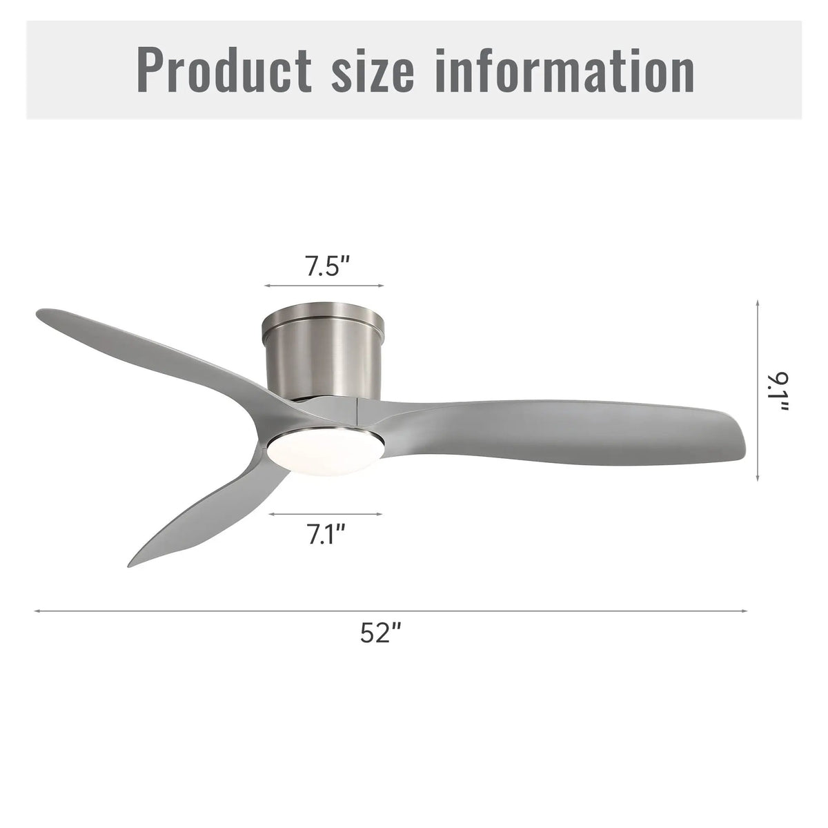 Flush Mount Ceiling Fan | 52 Inch Span | Dimmable LED Light | 3 Blades Reversible DC Motor