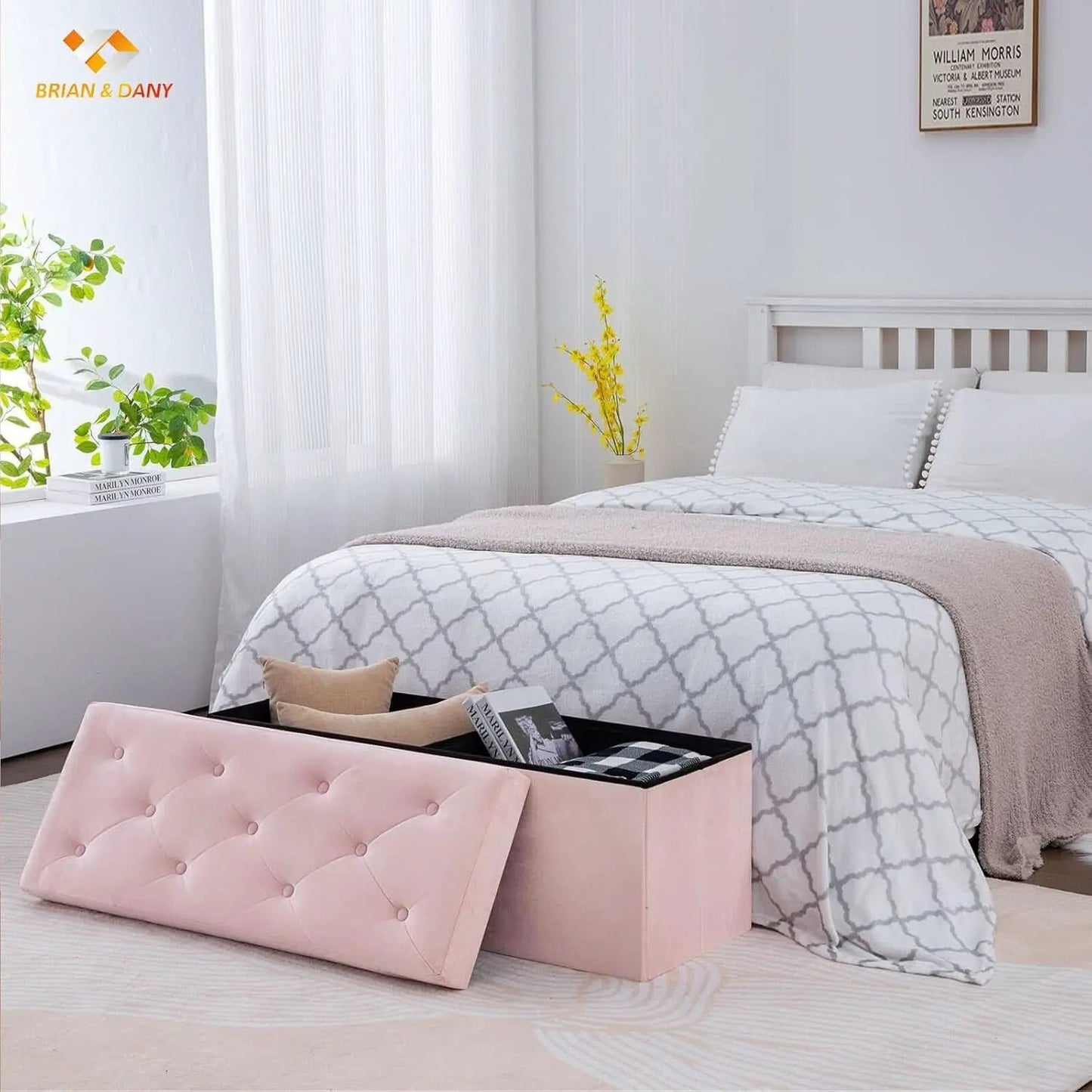 Pink 43 Inch Velvet Lux Foldable Storage Ottoman Bench from PriceLows™