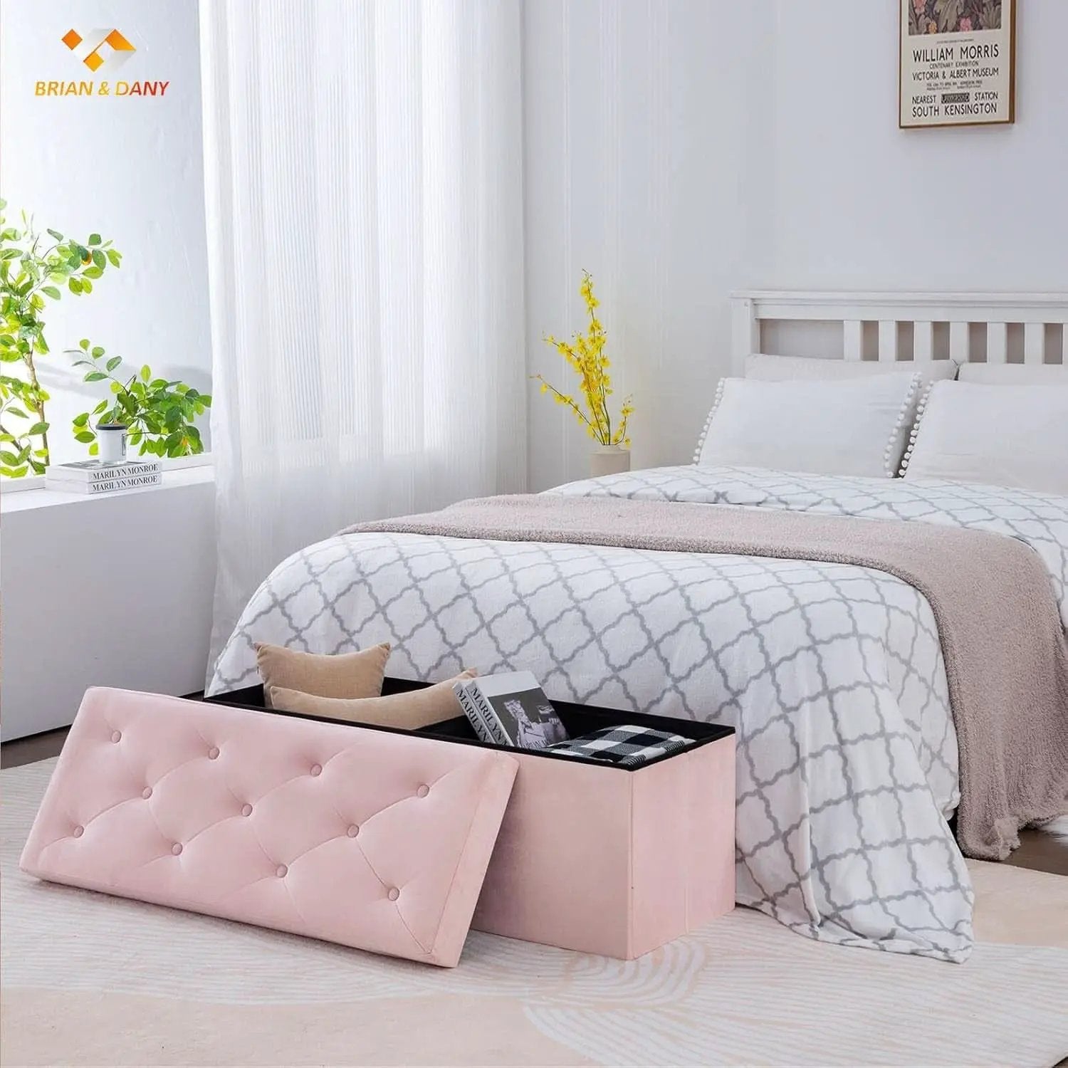 Pink 43 Inch Velvet Lux Foldable Storage Ottoman Bench from PriceLows™