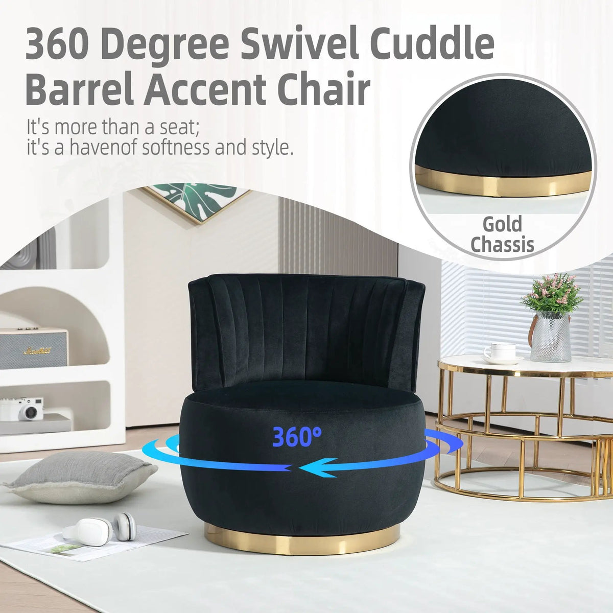 360 Degree Swivel Barrel Chair | Cuddle Accent Sofa Chair | Super Soft Fabric | Wrap-Around Barrel Back