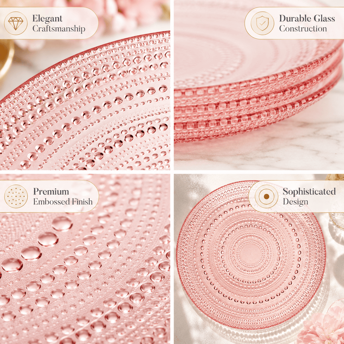 Blush Pink Hobnail Glass Dinner Plates, 10.6-Inch | Set of 4 | Glass | Entertaining