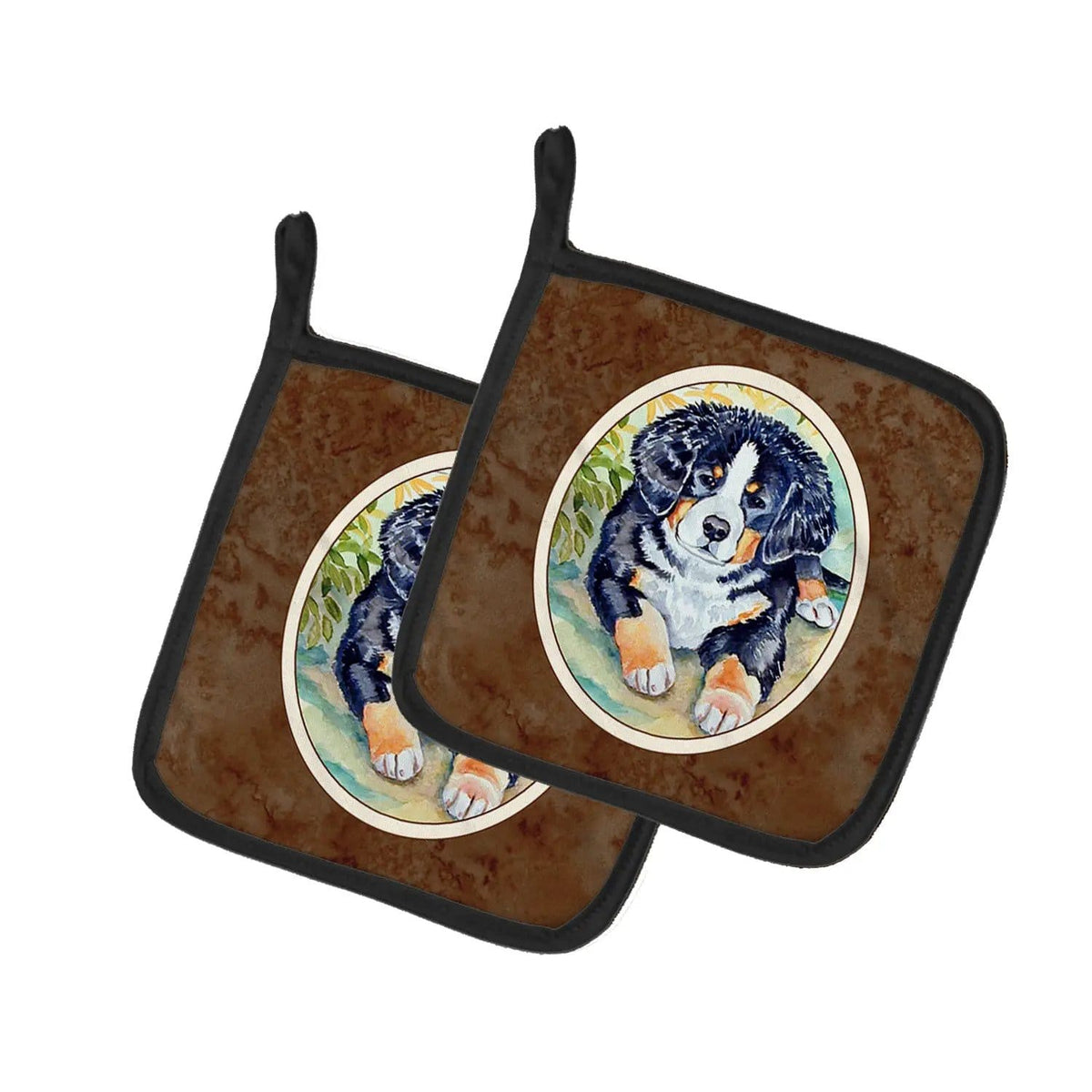Pot Holder Set of 2 | Heat Resistant Quilted Hot Pads | 7.5 x 7.5 Inch | Bernese Mountain Dog Puppy