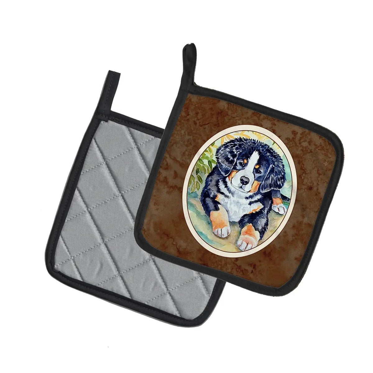 Pot Holder Set of 2 | Heat Resistant Quilted Hot Pads | 7.5 x 7.5 Inch | Bernese Mountain Dog Puppy