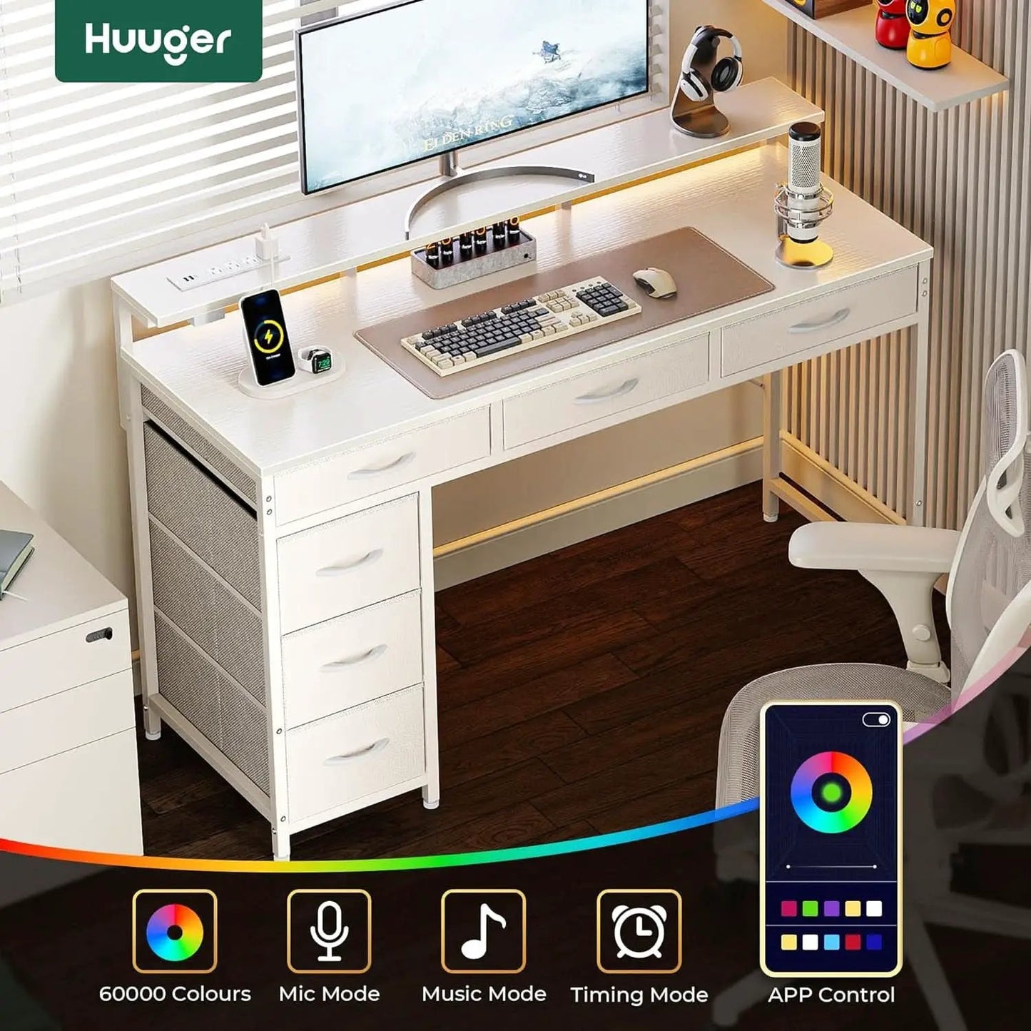 White 47 Inch LED Gaming Desk With 6 Drawers USB Type C from PriceLows™