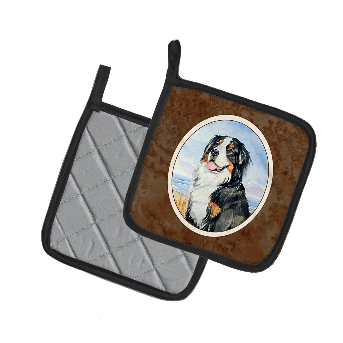 Pot Holder Set of 2 | Heat Resistant Quilted Hot Pads | 7.5 x 7.5 Inch | Momma's Love Bernese Mountain Dog