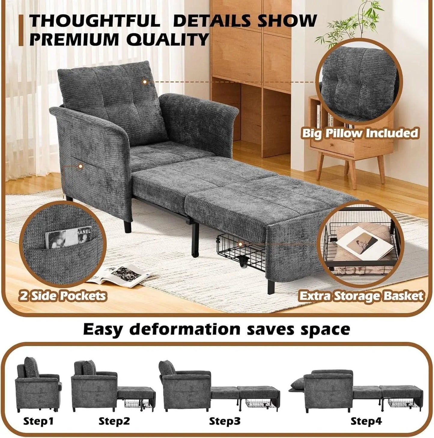 Convertible Sleeper Chair 79-Inch With Adjustable Backrest from PriceLows™