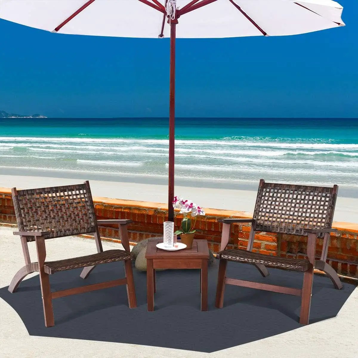 3 Piece Patio Conversation Set With Solid Eucalyptus Wood Frame And Brown Rattan Wicker from PriceLows™