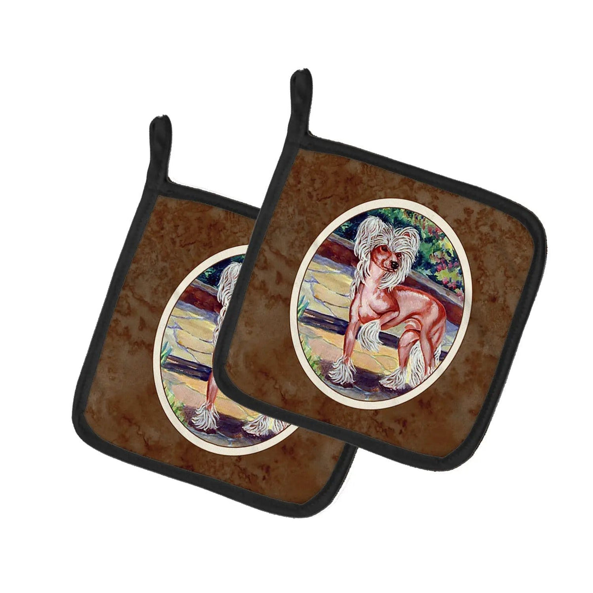 Pot Holder Set of 2 | Heat Resistant Quilted Hot Pads | 7.5 x 7.5 Inch | Chinese Crested on the Patio