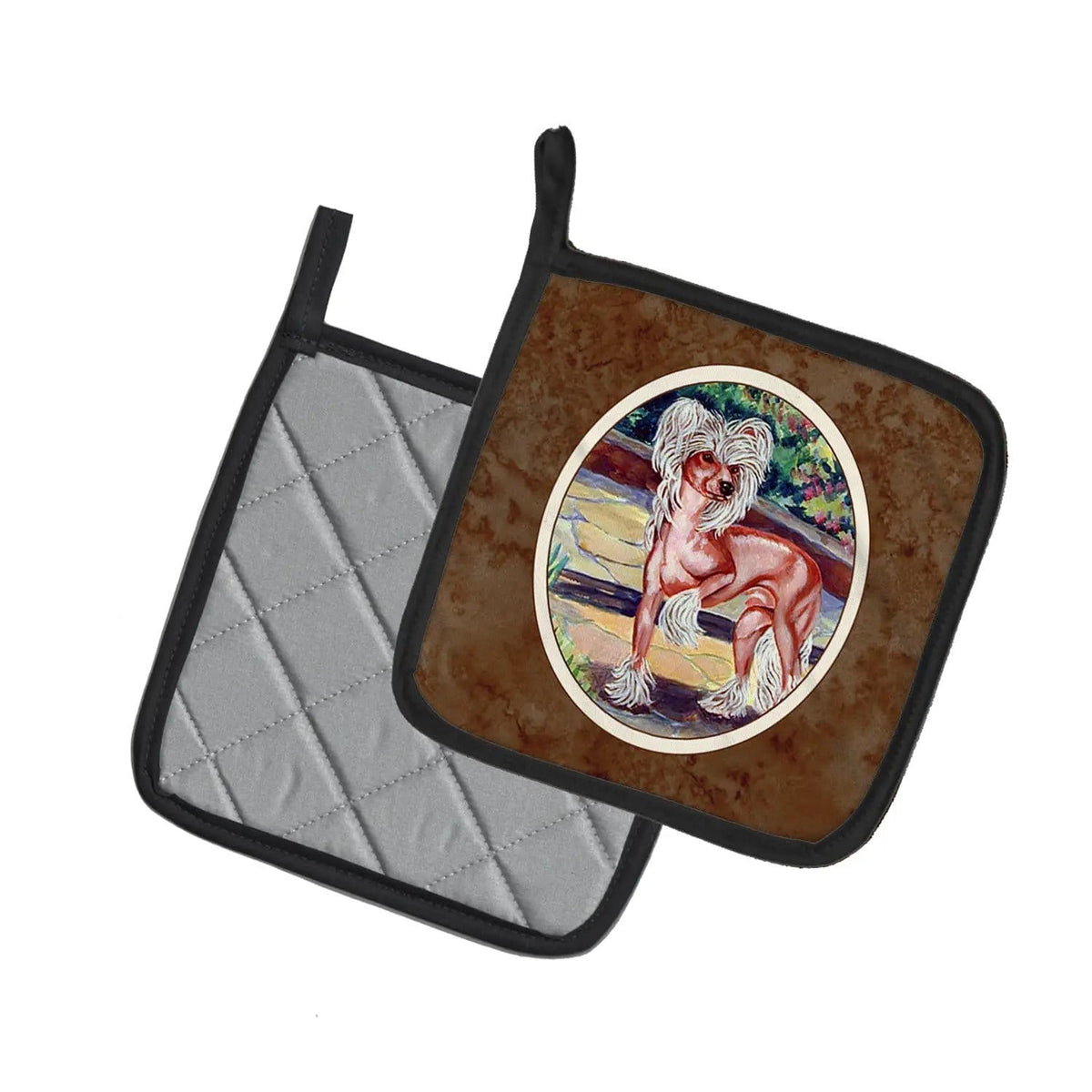 Pot Holder Set of 2 | Heat Resistant Quilted Hot Pads | 7.5 x 7.5 Inch | Chinese Crested on the Patio