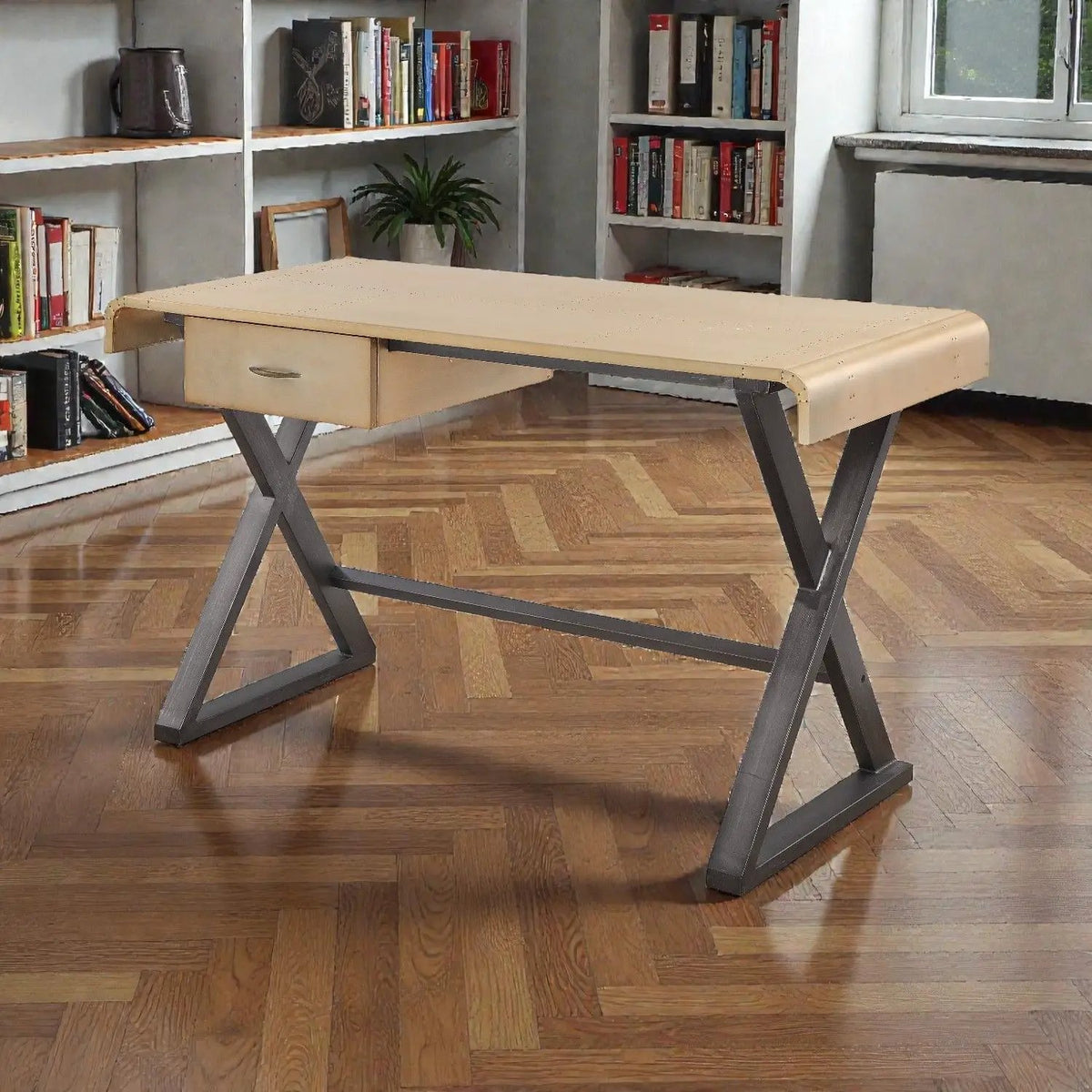 Danton Writing Desk | Gold Aluminum Top | X-Shape Metal Base | Full-Extension Drawer