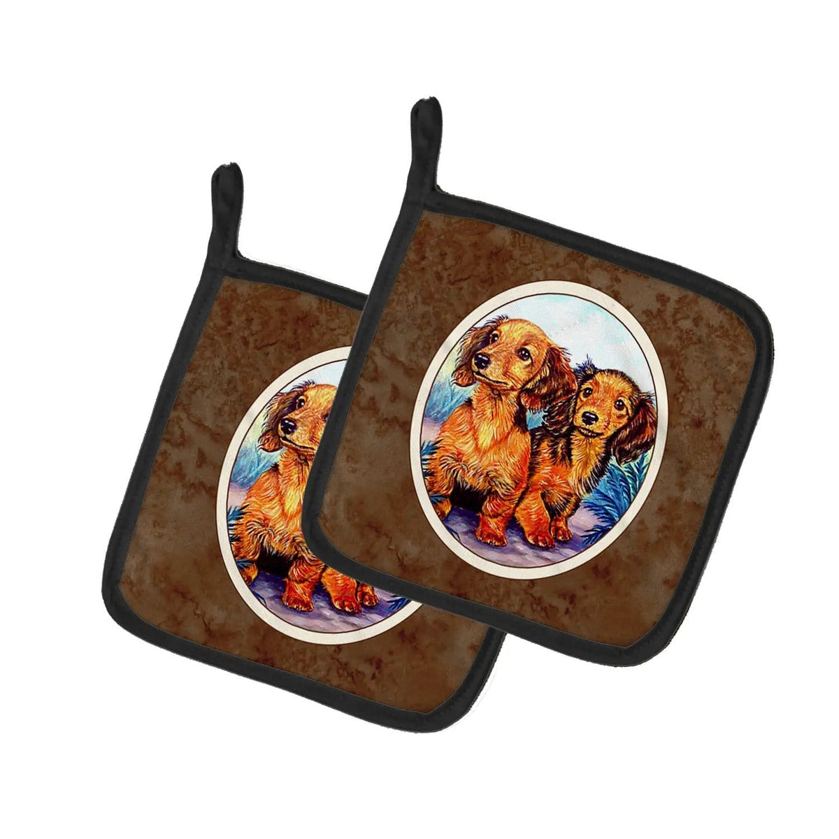Pot Holder Set of 2 | Heat Resistant Quilted Hot Pads | 7.5 x 7.5 Inch | Long Hair Red Dachshund Two Peas