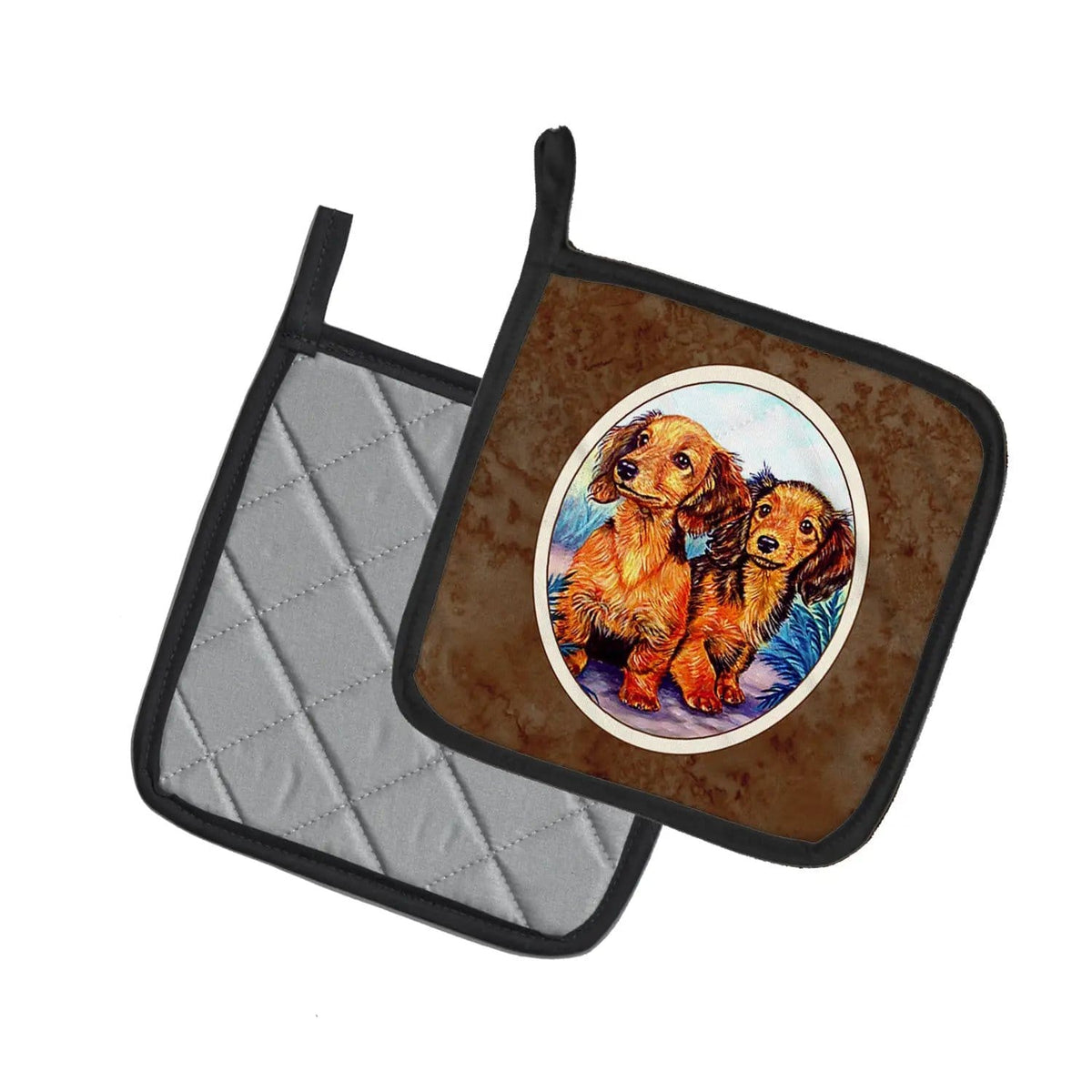 Pot Holder Set of 2 | Heat Resistant Quilted Hot Pads | 7.5 x 7.5 Inch | Long Hair Red Dachshund Two Peas