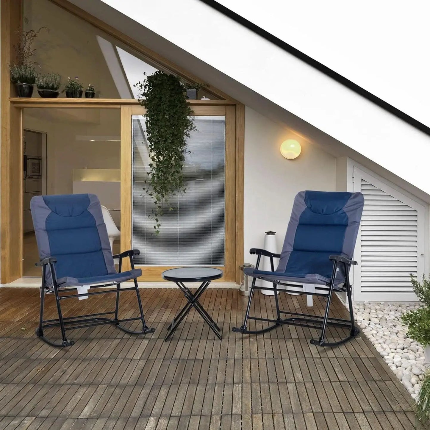 Three Piece Outdoor Patio Furniture Set With Glass Coffee Table And Two Folding Padded Rocking Chairs Navy Blue from PriceLows™