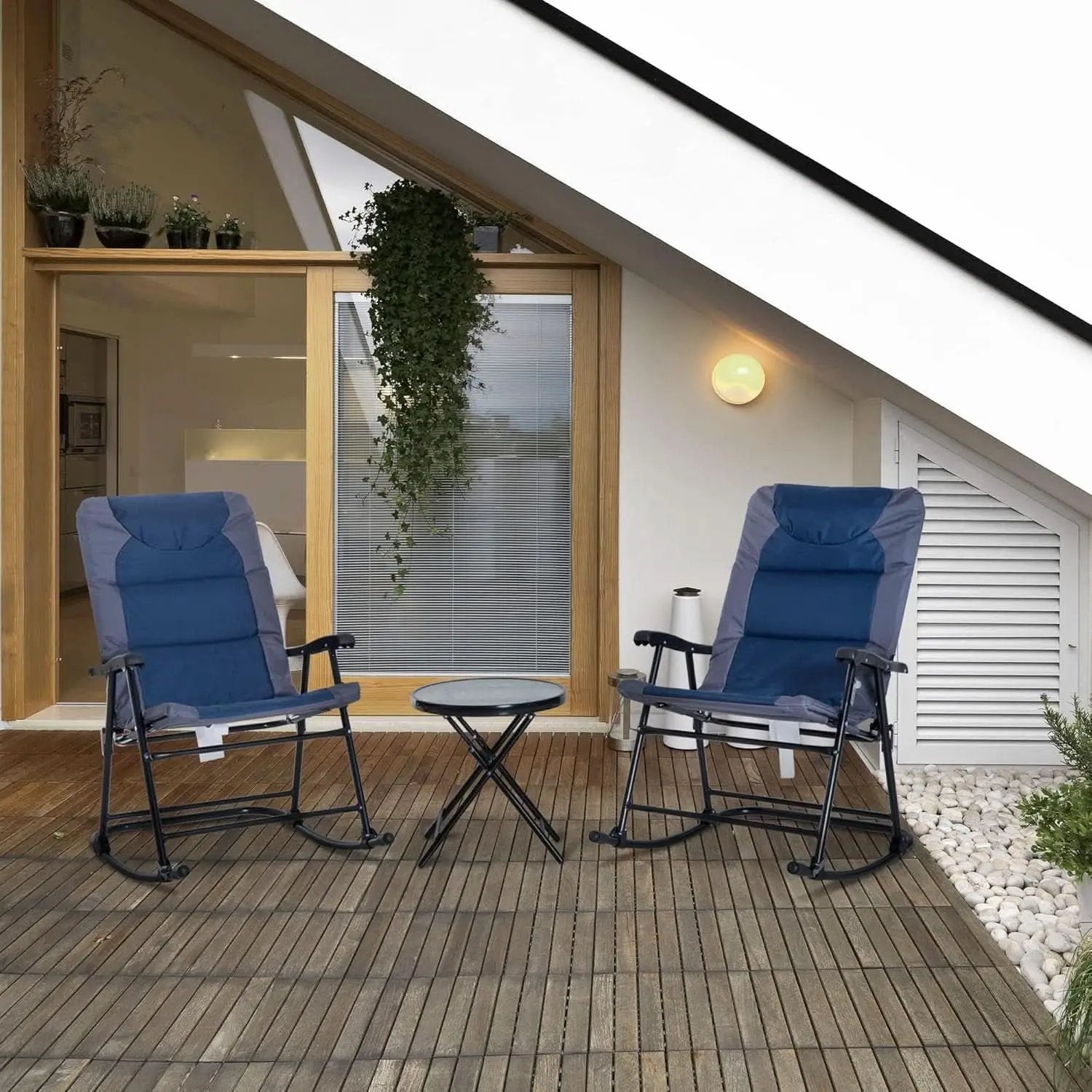 Three Piece Outdoor Patio Furniture Set With Glass Coffee Table And Two Folding Padded Rocking Chairs Navy Blue from PriceLows™