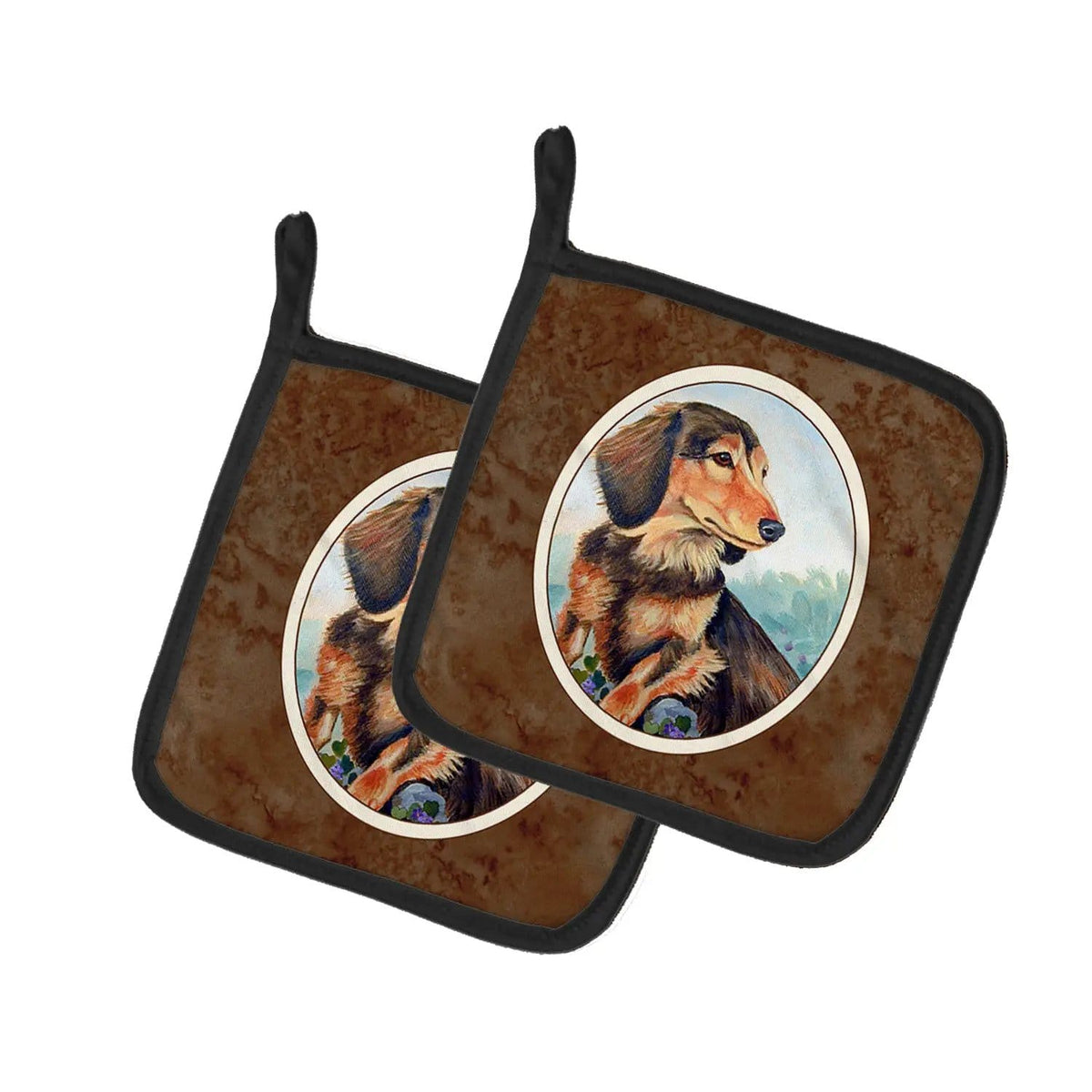 Pot Holder Set of 2 | Heat Resistant Quilted Hot Pads | 7.5 x 7.5 Inch | Long Hair Chocolate and Cream Dachshund