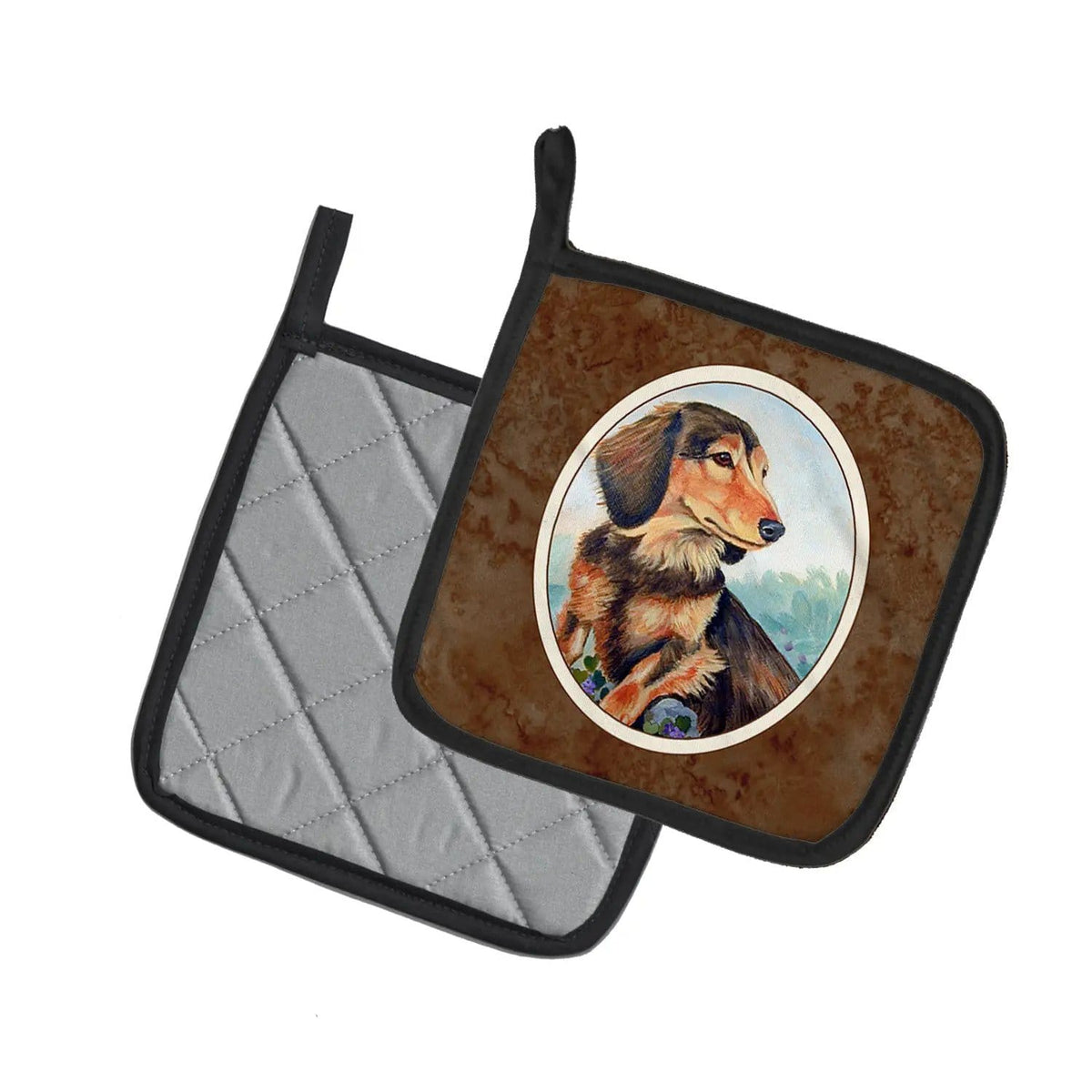 Pot Holder Set of 2 | Heat Resistant Quilted Hot Pads | 7.5 x 7.5 Inch | Long Hair Chocolate and Cream Dachshund
