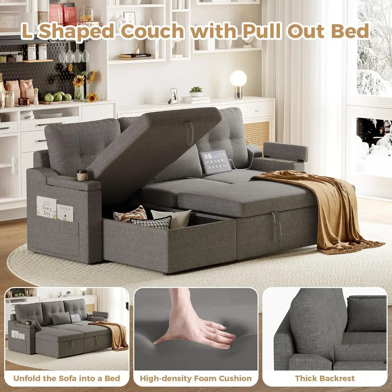 Charcoal LShaped Convertible Sleeper Sofa USB Ports from PriceLows™