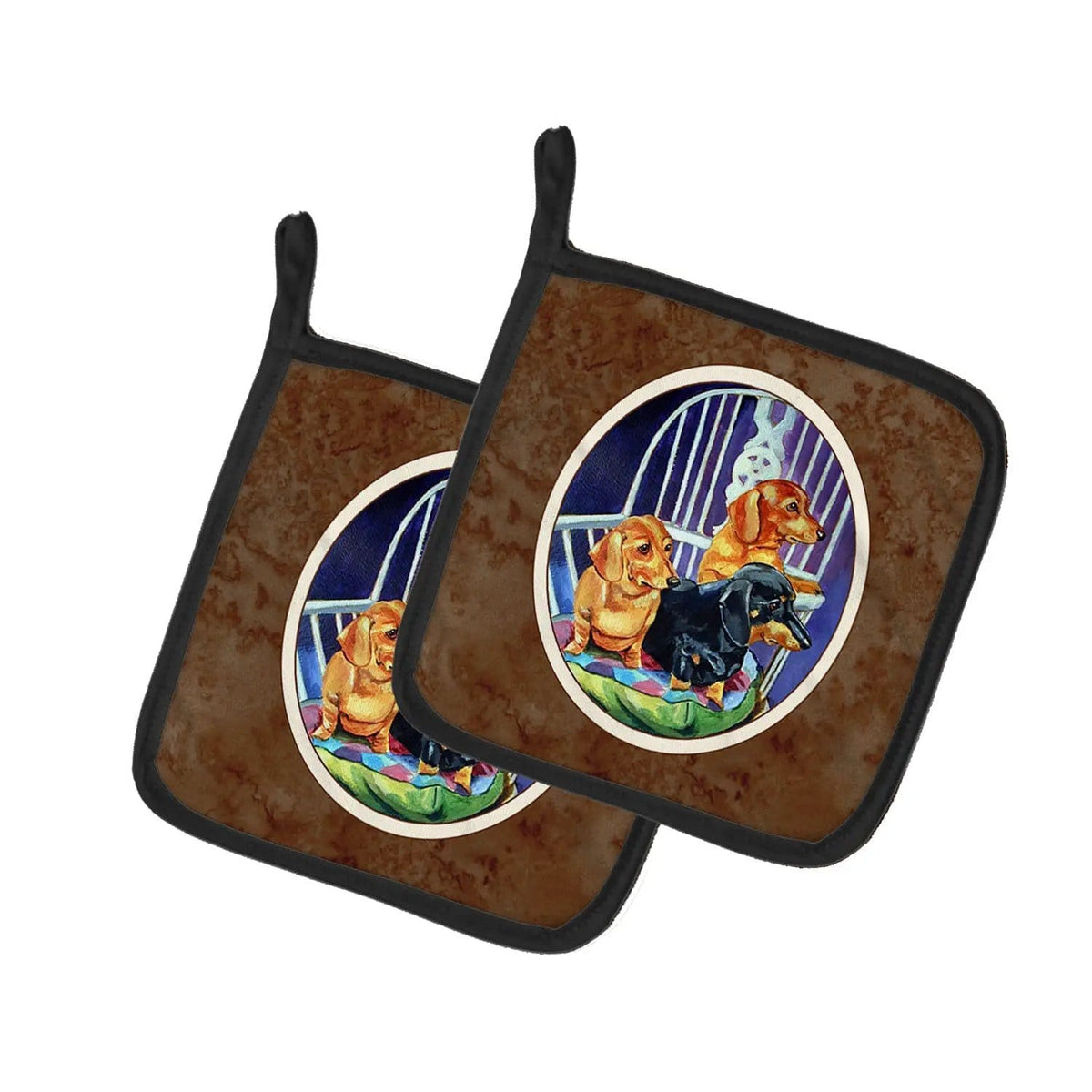 Pot Holder Set of 2 | Heat Resistant Quilted Hot Pads | 7.5 x 7.5 Inch | Dachshund Two Red and a Black and Tan