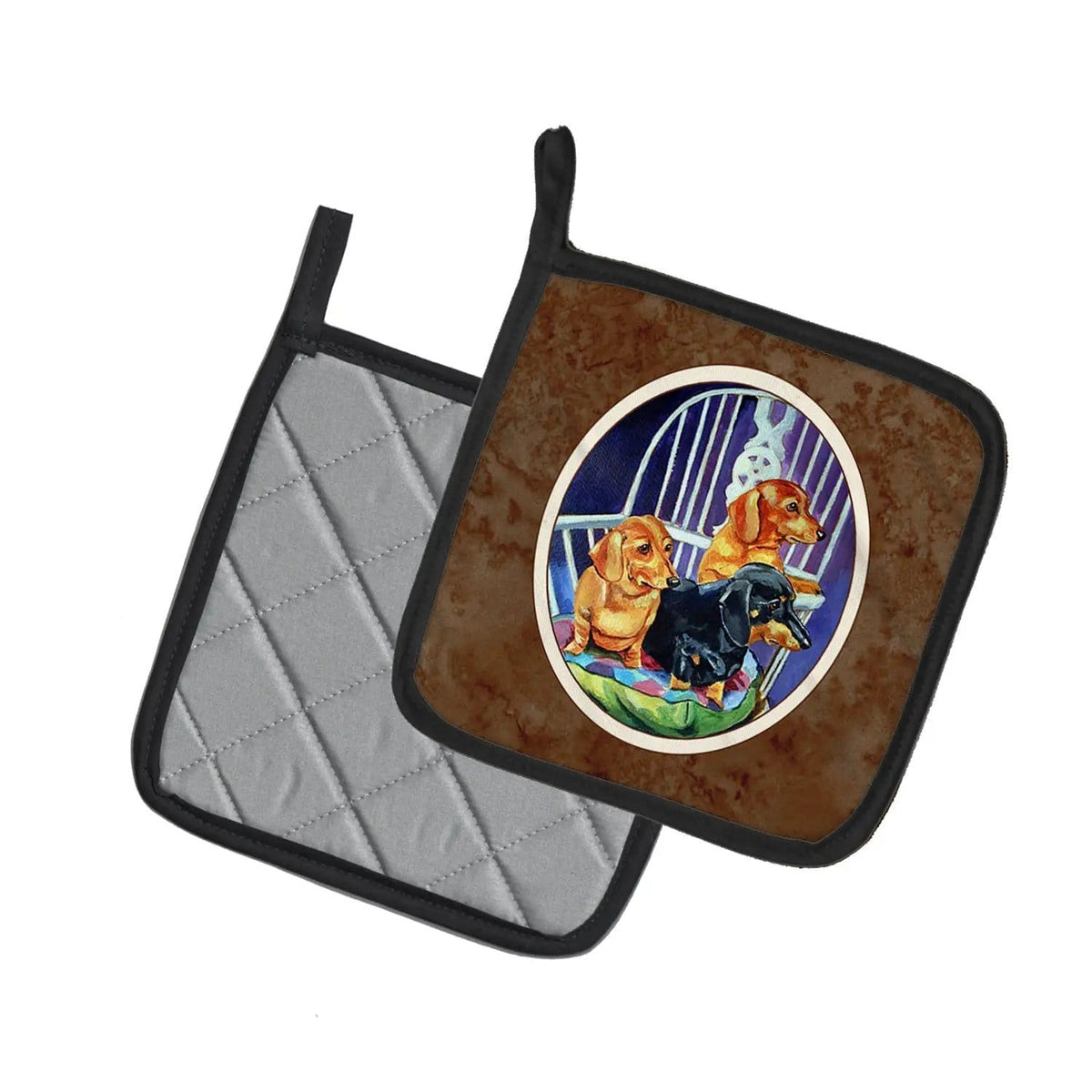 Pot Holder Set of 2 | Heat Resistant Quilted Hot Pads | 7.5 x 7.5 Inch | Dachshund Two Red and a Black and Tan