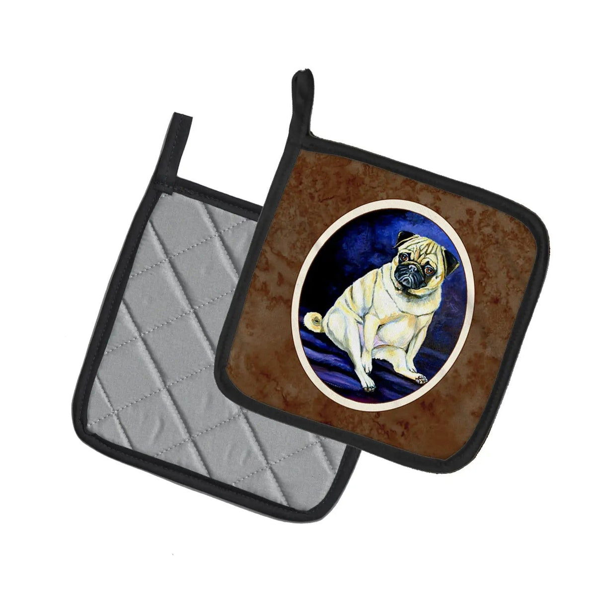 Pot Holder Set of 2 | Heat Resistant Quilted Hot Pads | 7.5 x 7.5 Inch | Fawn Pug Penny for your thoughts