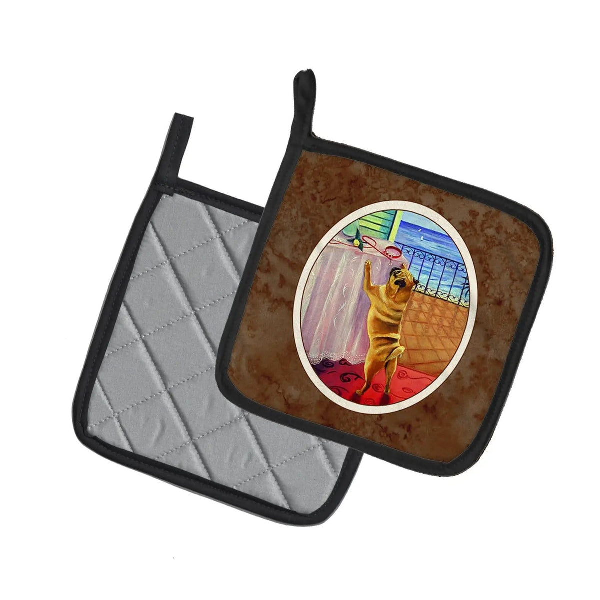 Pot Holder Set of 2 | Heat Resistant Quilted Hot Pads | 7.5 x 7.5 Inch | Helping Himself Fawn Pug