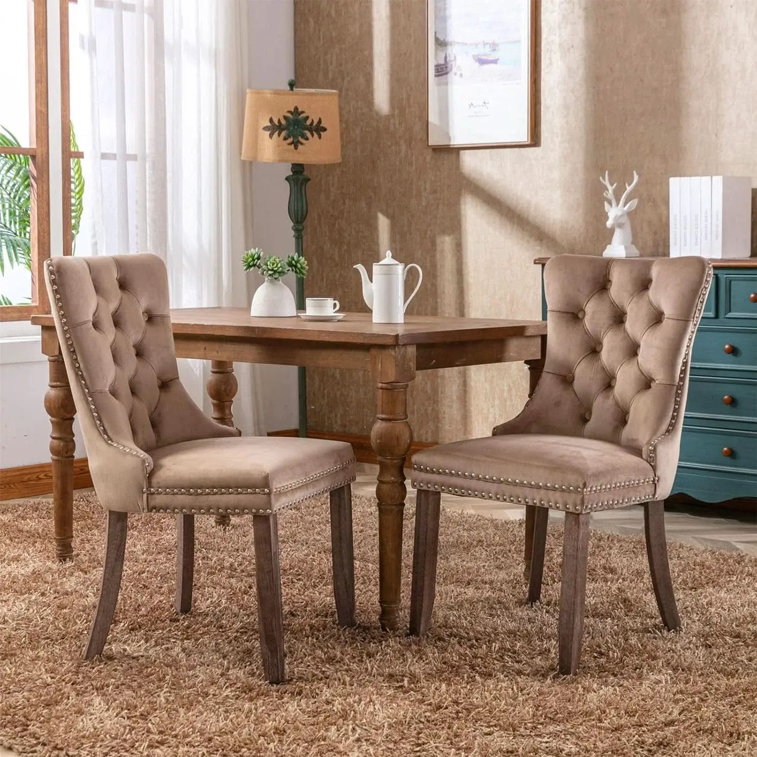 Khaki Velvet Dining Chairs Set Of 4 With Tufted Upholstery from PriceLows™