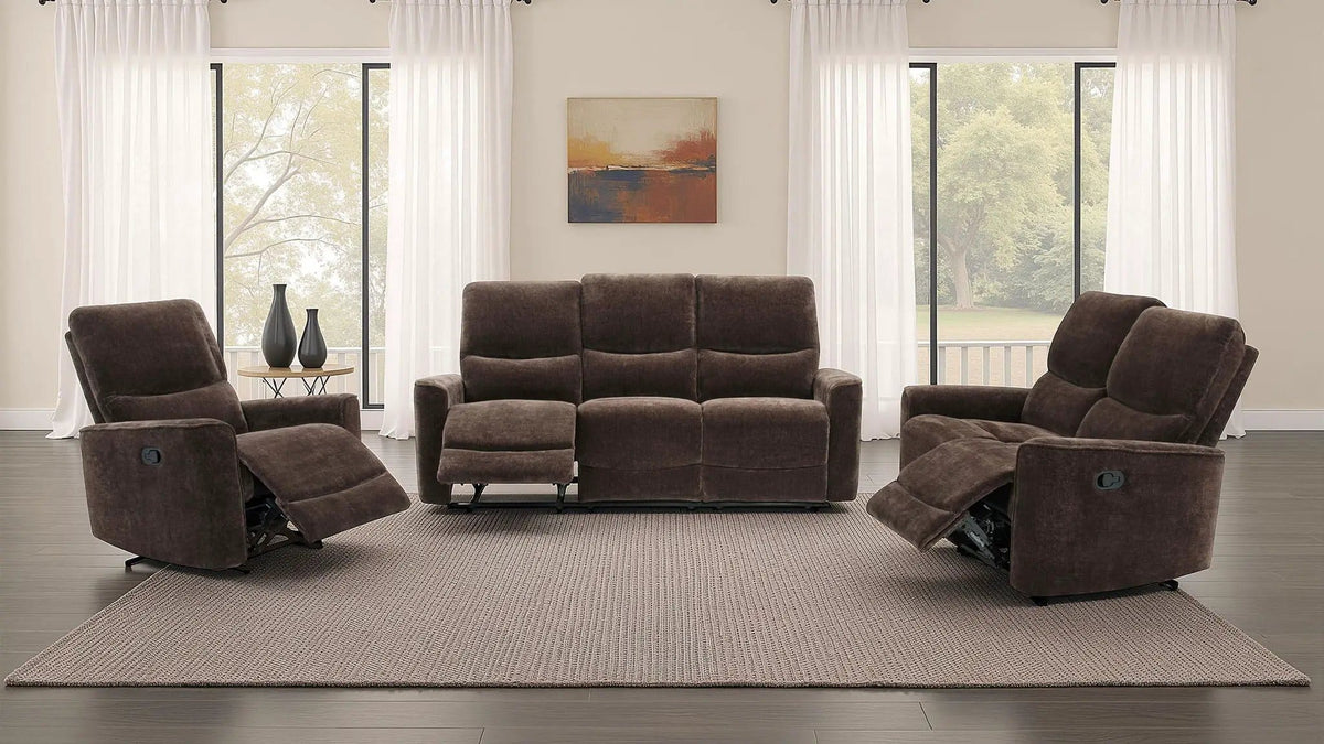 Navarro 3-piece Upholstered Reclining Sofa Set | 3-Piece Set | Chenille & Metal | Dark Brown