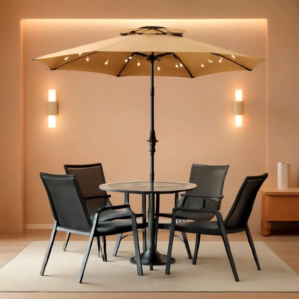 9 Ft Solar LED Lighted Patio Umbrella With Tilt And Crank Lift Light Tan from PriceLows™