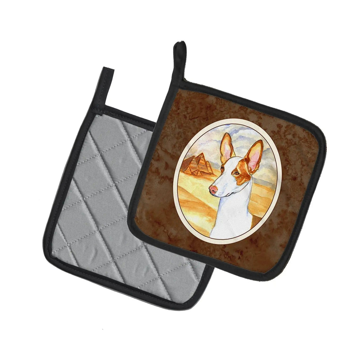 Pot Holder Set of 2 | Heat Resistant Quilted Hot Pads | 7.5 x 7.5 Inch | Ibizan Hound (Style 2)