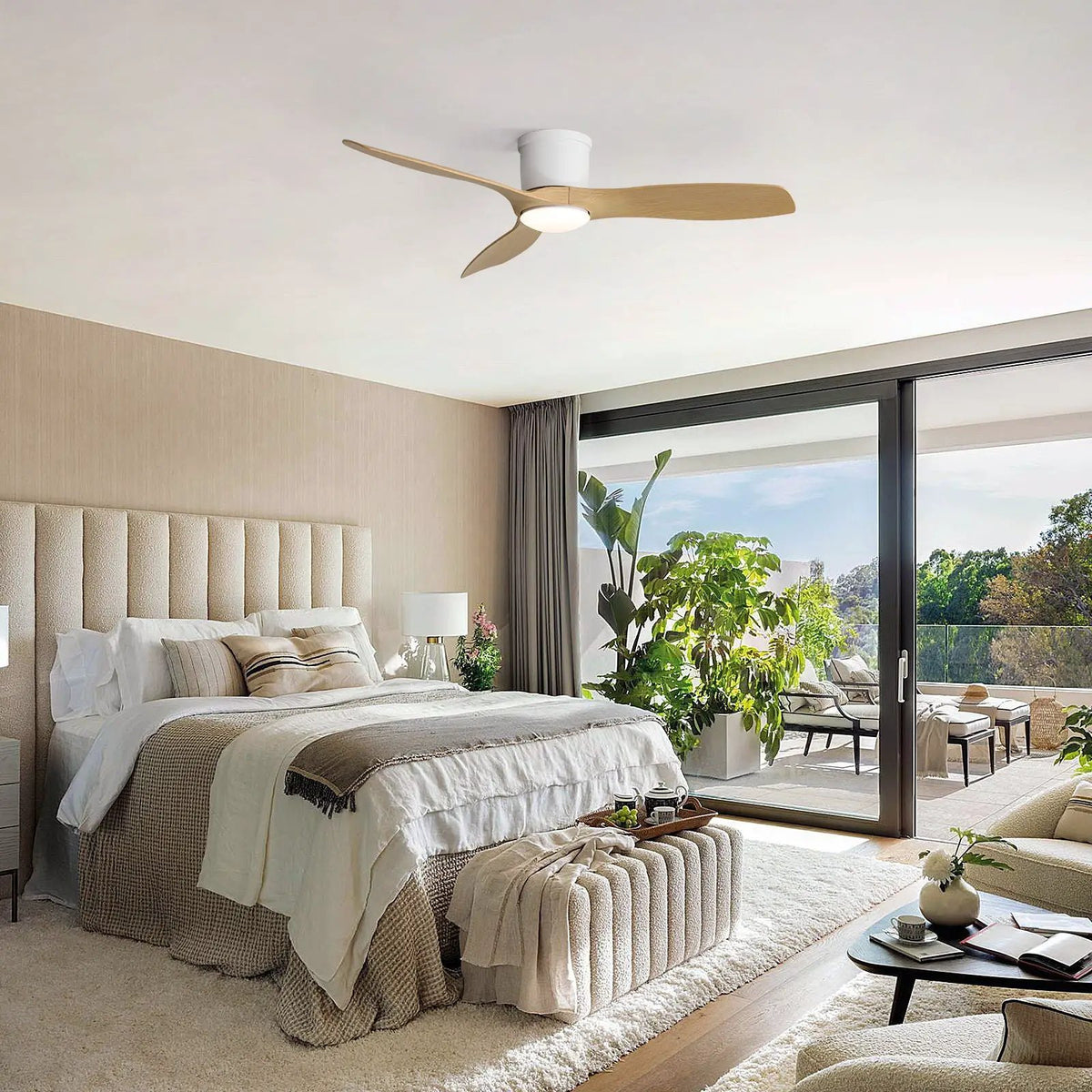 Flush Mount Ceiling Fan | 52 Inch Span | Dimmable LED Light | 3 Blades Reversible DC Motor