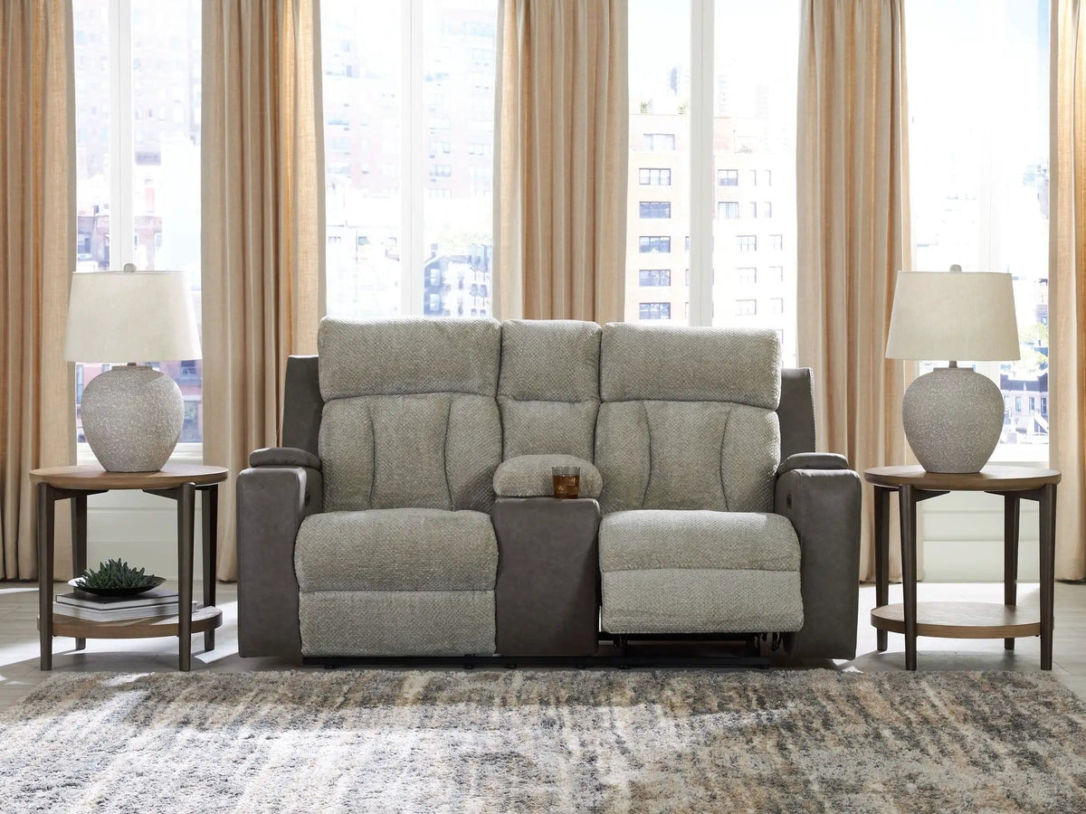 WhipLash Power Reclining Loveseat With Console / Adj Headrest | 76 x 39 x 43 in | Faux Leather & Polyester | Sisal