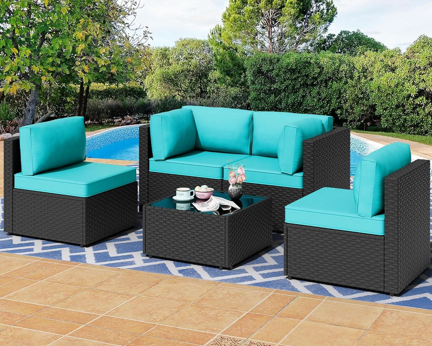 Five Piece Outdoor Patio Sectional Sofa Set Blue from PriceLows™