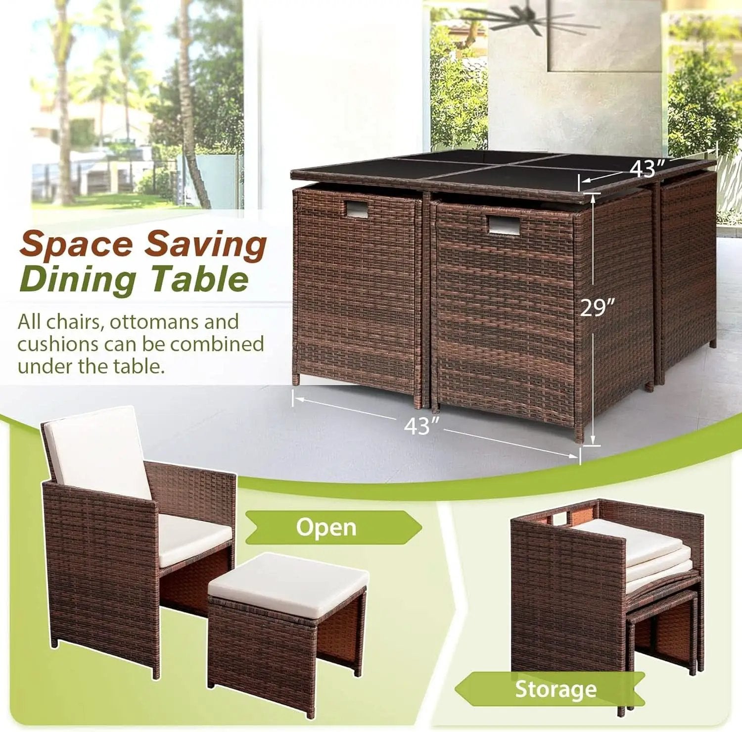 9 Piece Outdoor Patio Dining Set Rattan Chairs With Glass Table Beige Cushioned from PriceLows™