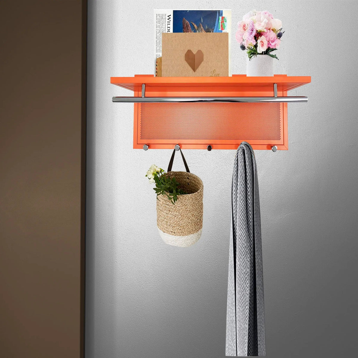 Wall Mounted Coat Rack | 5 Metal Hooks | Storage Shelf And Hanging Bar