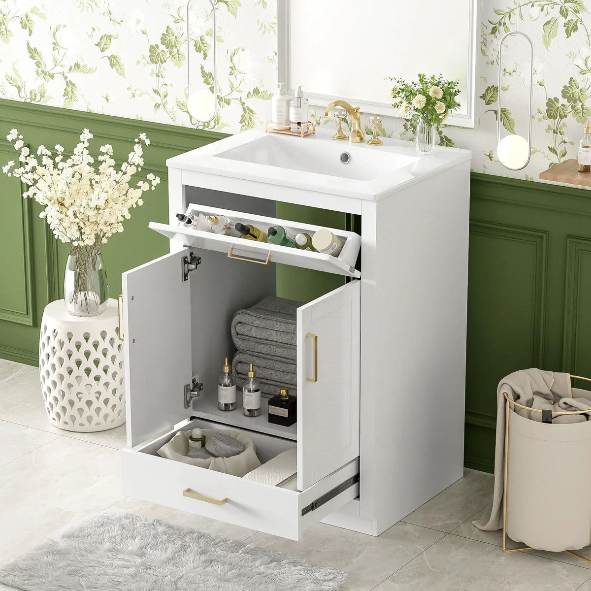 24 Inch Modern Vanity | Integrated Ceramic Sink | 2 Door Cabinet | Tip-Out Drawer