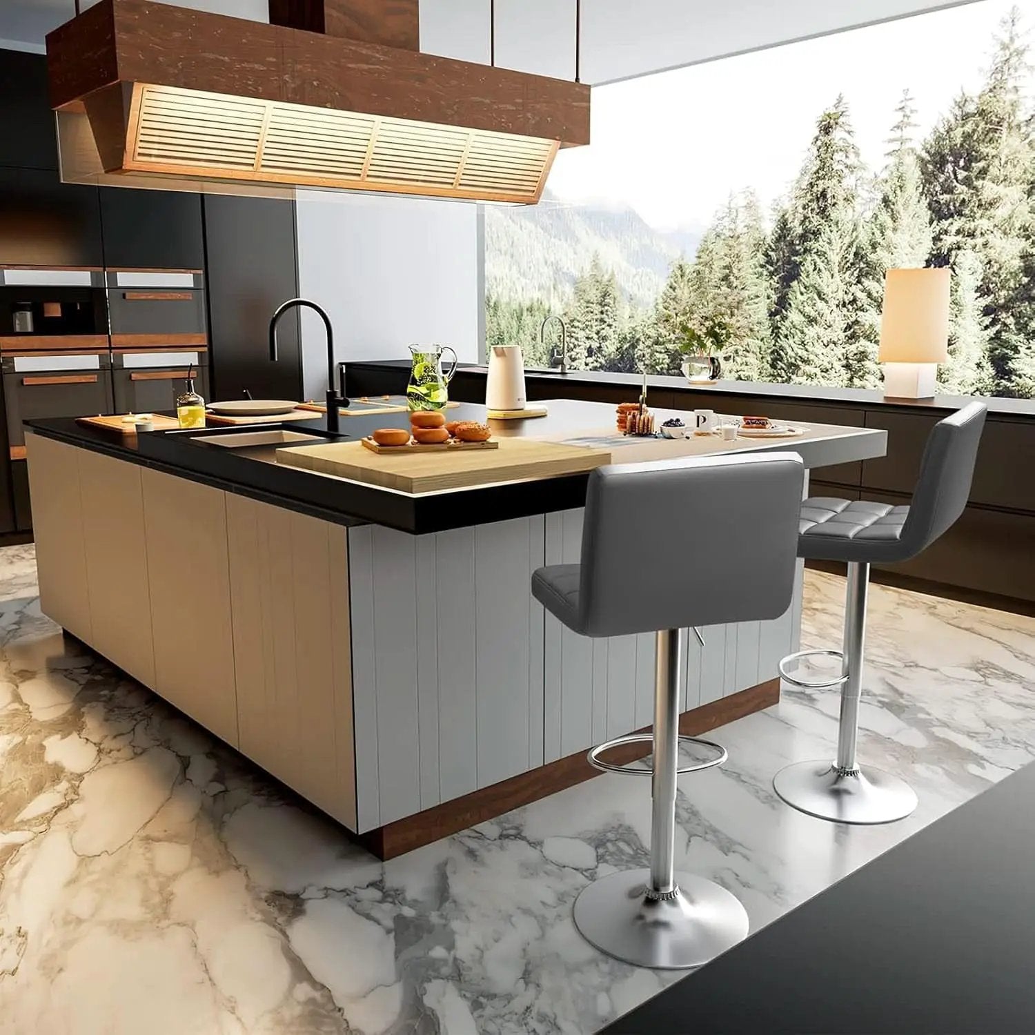 Modern PU Leather Adjustable Swivel Bar Stools Deep Gray from PriceLows™