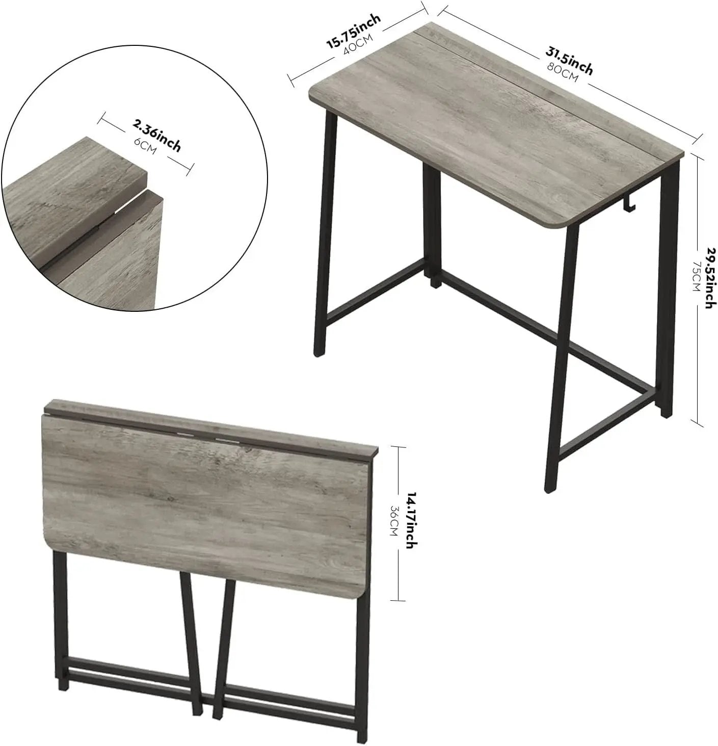 Folding Desk 31.5 Inch Gray Wash Fits Small Spaces from PriceLows™