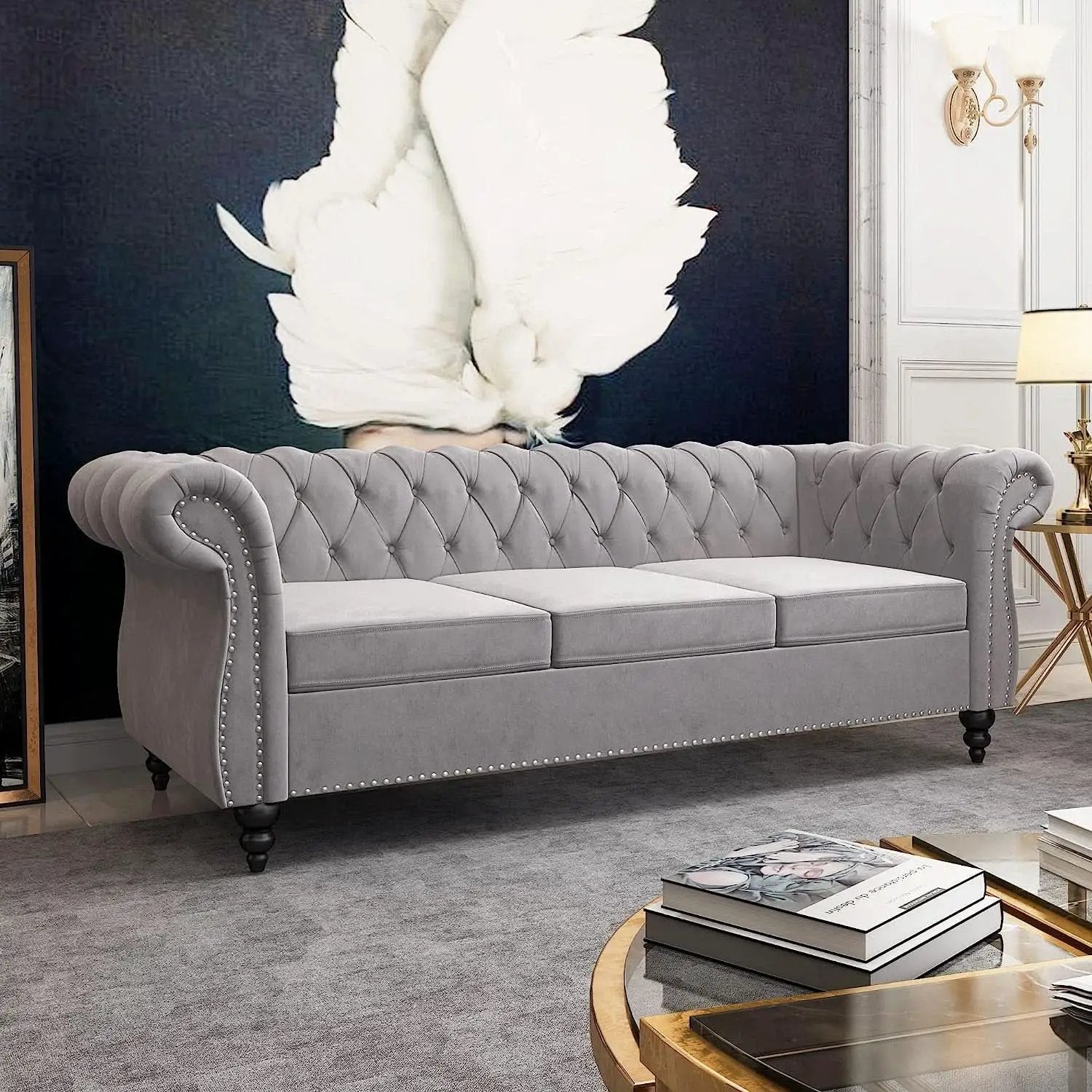 3 Piece Velvet Living Room Set Sectional Chesterfield Sofa Upholstered Loveseat And Chair from PriceLows™