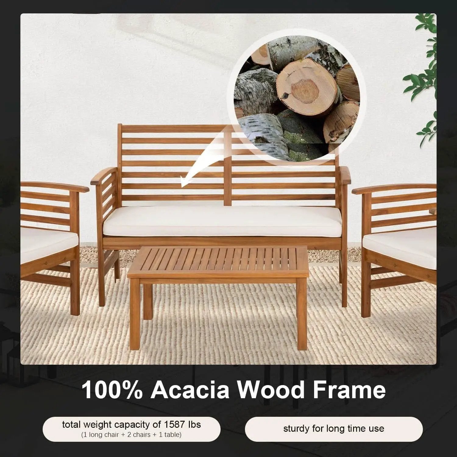 Outdoor Wood Sofa Set Natural Acacia With Thick Cushions from PriceLows™