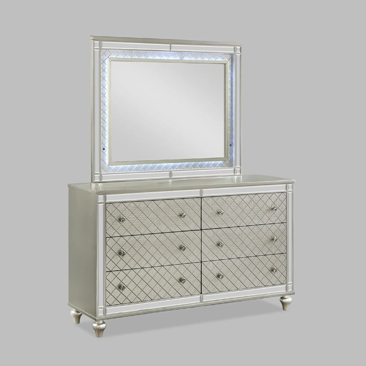 6 Drawer Bedroom Dresser With Diamond Patterned Drawer Fronts - | 62 x 18.3 x 37.8 in | 6-Drawer | Silver