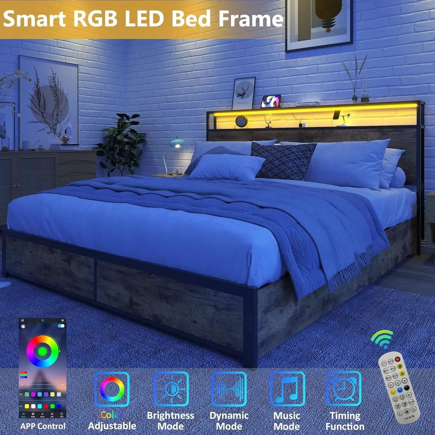 Queen Metal Platform Bed With Storage Headboard And Drawers from PriceLows™