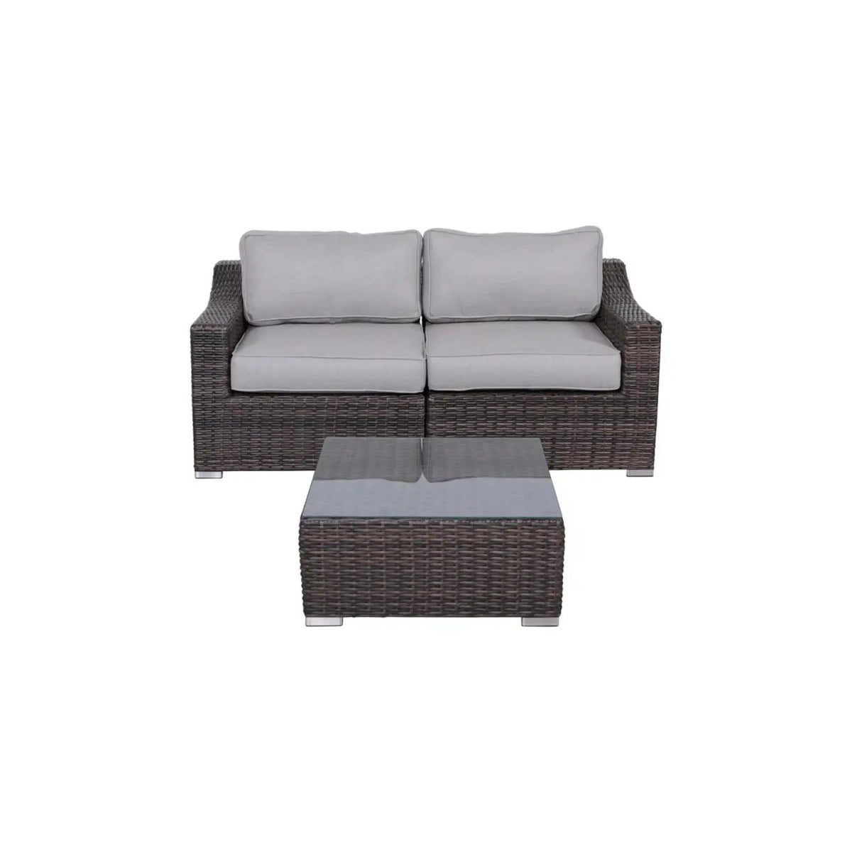 Outdoor Wicker Conversation Set | All-Weather Resin | Tempered Glass Table | 5 Inch Cushions