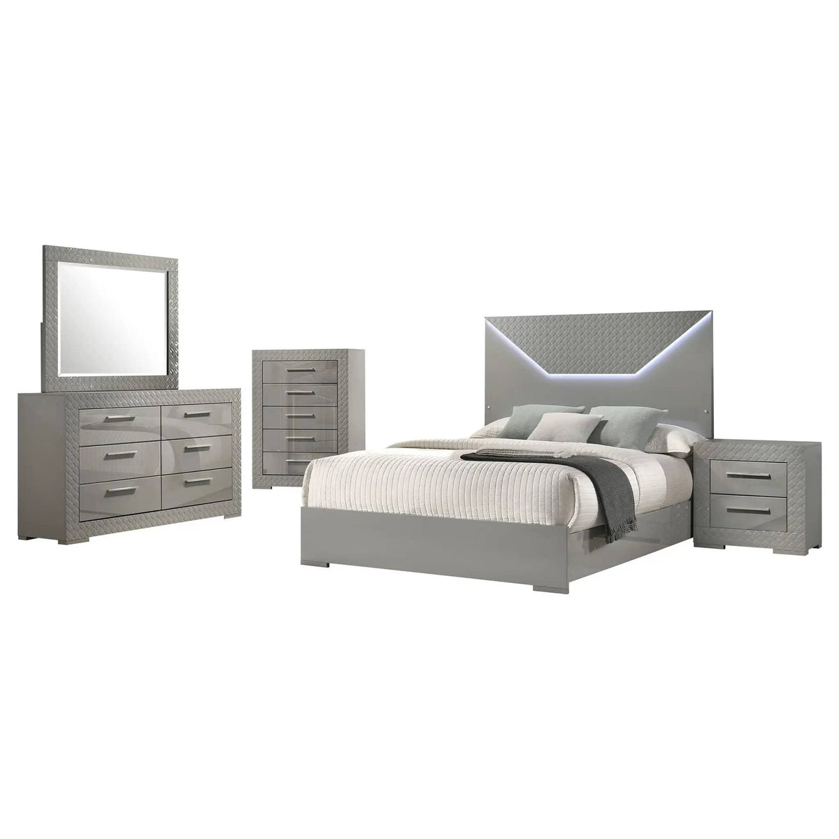 Ives 5-piece Eastern King Bedroom Set Grey High Gloss | 5-Piece Set | Bedroom Furniture | Bedroom