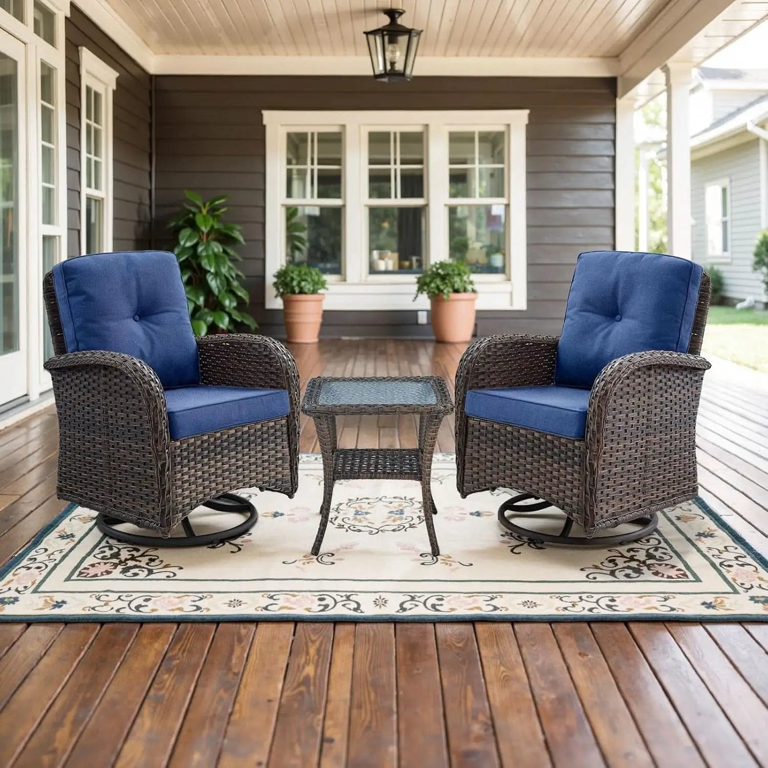 Patio Wicker Swivel Rocker Chairs Set Of 2 With Glass Top Side Table Brown Blue from PriceLows™