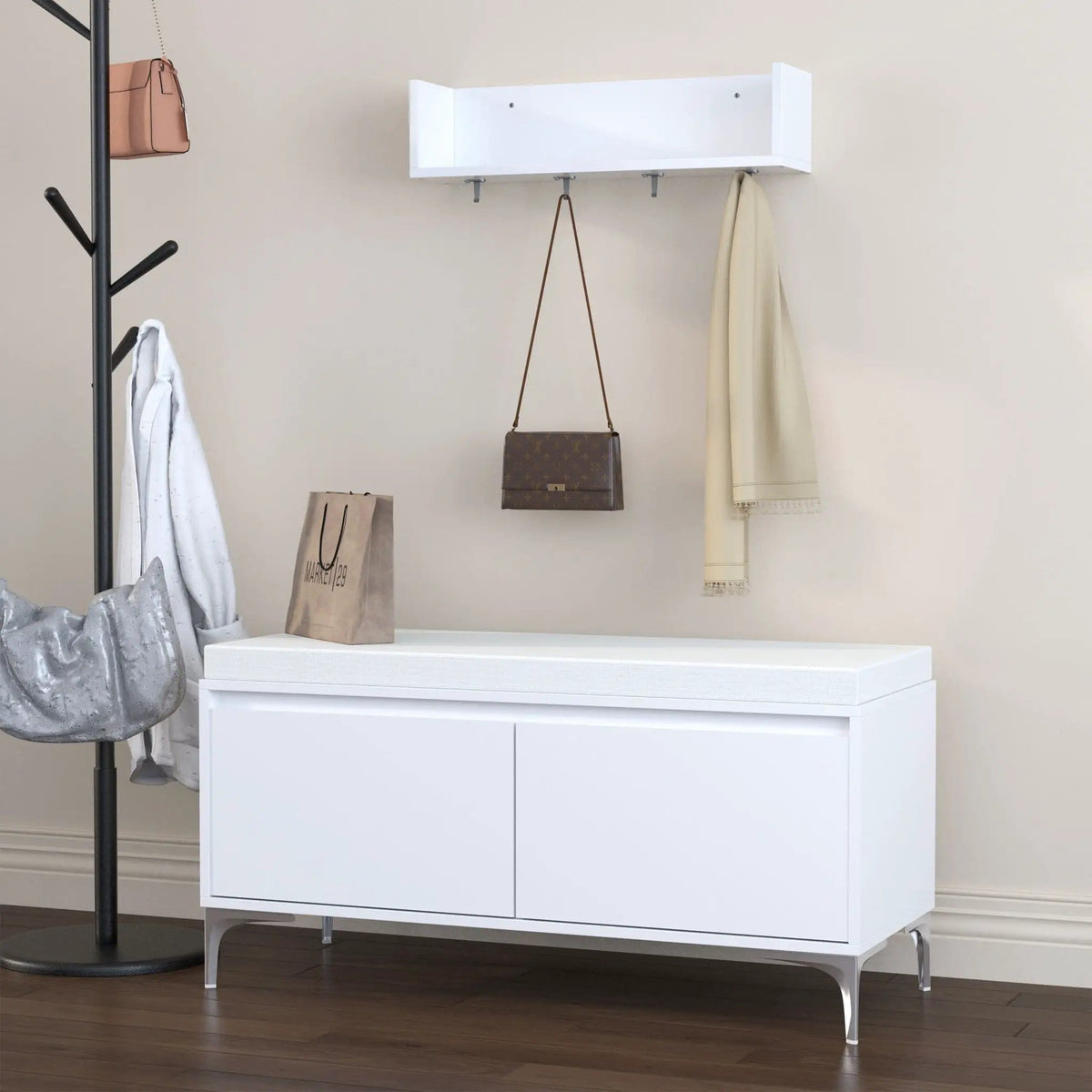 Wall Mounted Entryway Shelf With Hooks And Storage Bench Set - | 39.37 x 15.75 x 19.49 in | Metal & Wood | Off White