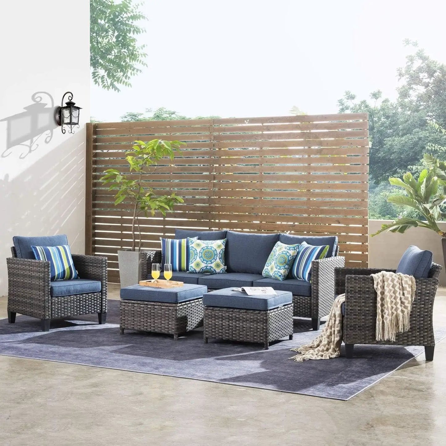 Five Piece Patio Outdoor Wicker Furniture Set Denim Blue from PriceLows™