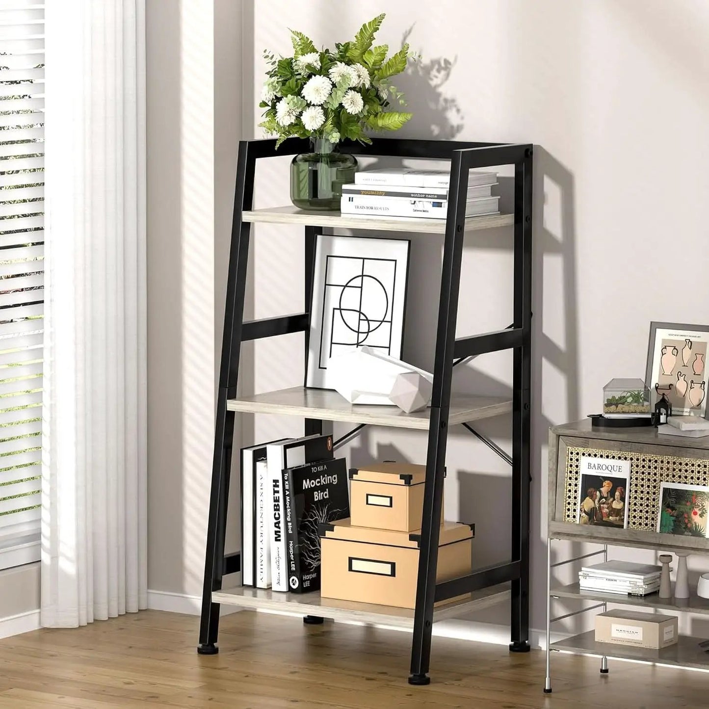 3-Tier Ladder Bookshelf With Steel Frame Greige Black from PriceLows™