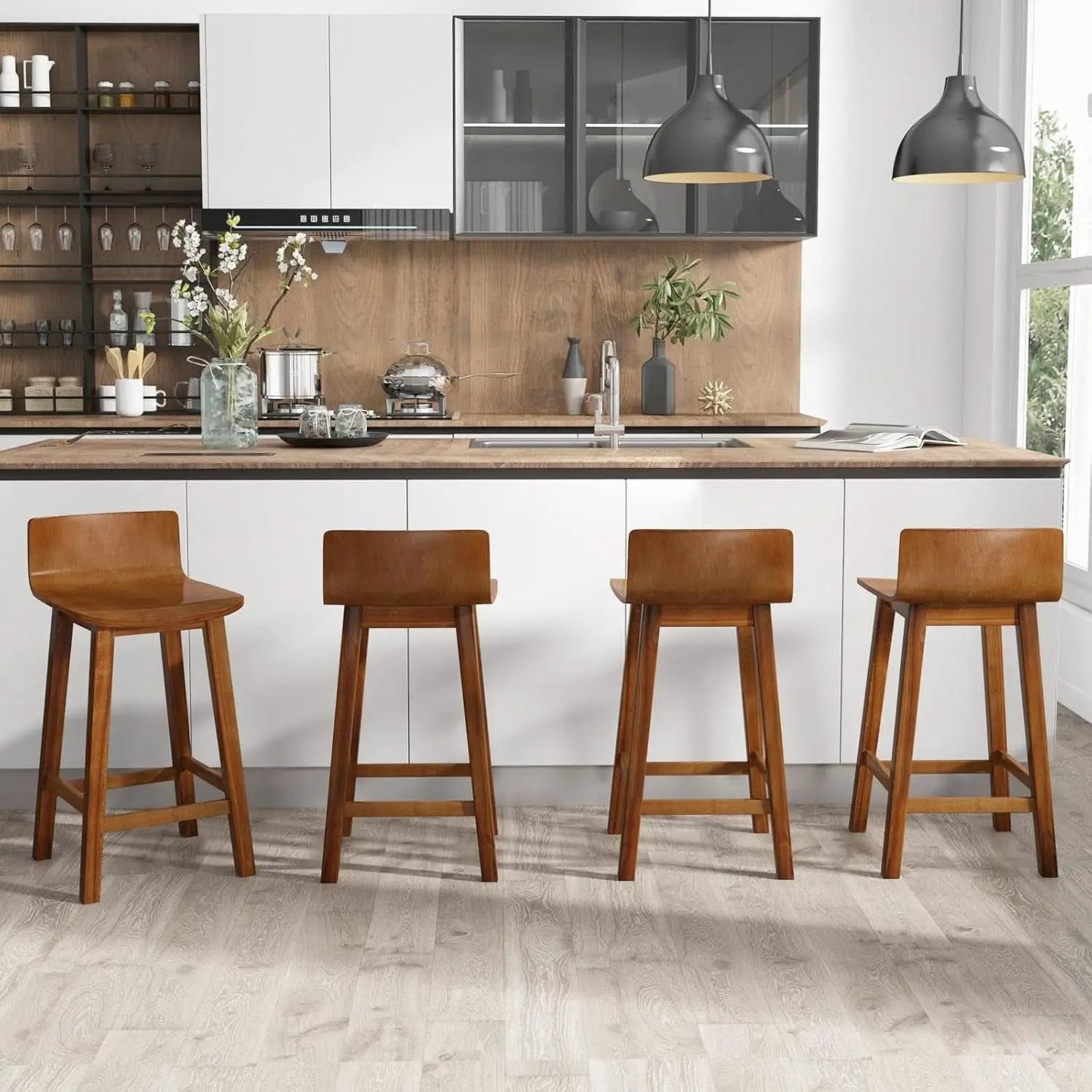 24.5 Inch Counter Height Farmhouse Wooden Bar Stool Set Of 2 With Brown Footrest And Low Back from PriceLows™