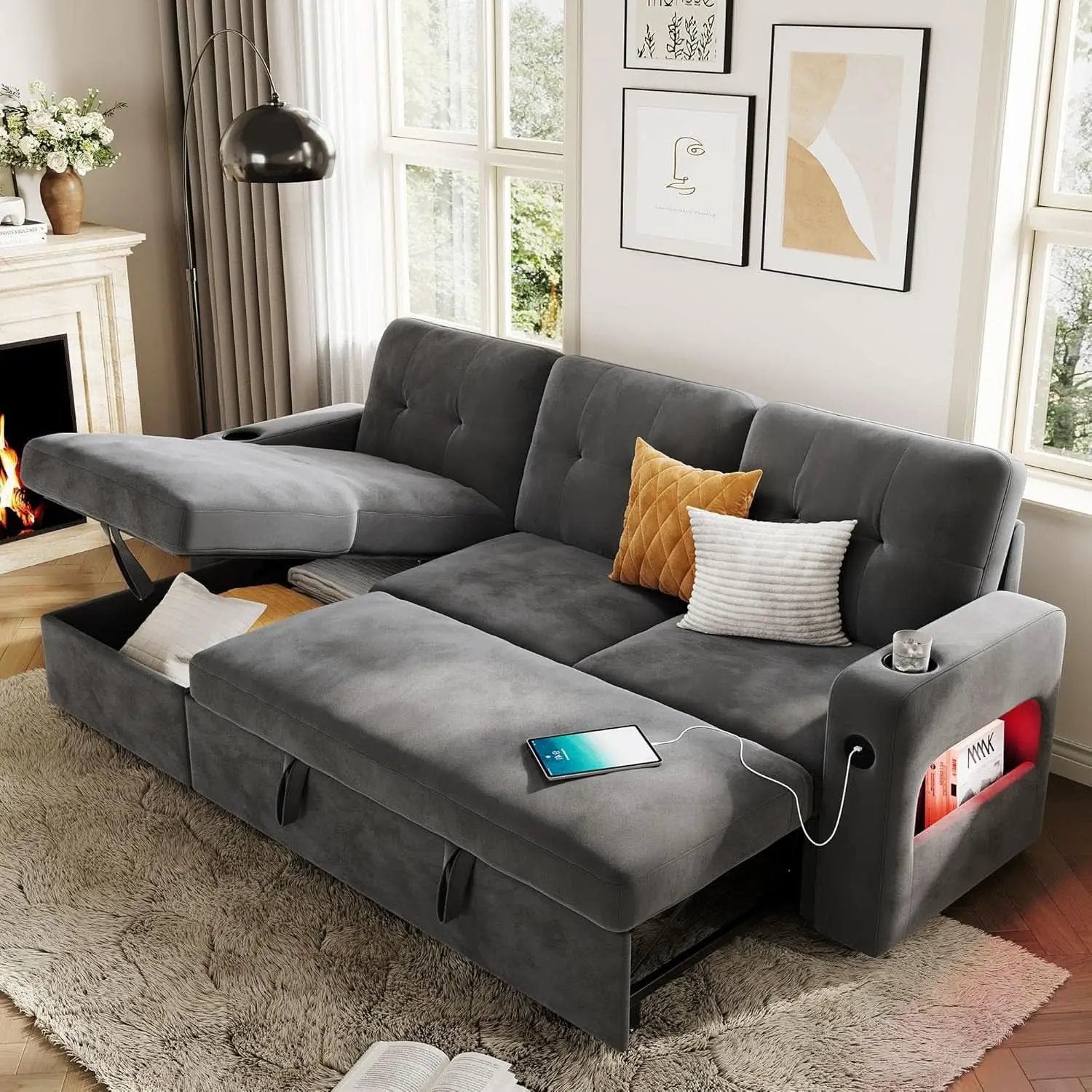 84 Inch Sleeper Sofa Bed Dark Grey Velvet With LED Storage from PriceLows™